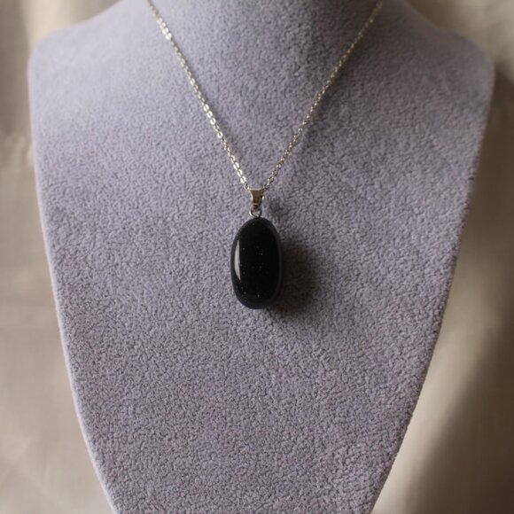 Jewelry - Blue Goldstone Oval Sparkle Pendant Necklace – Silver Chain